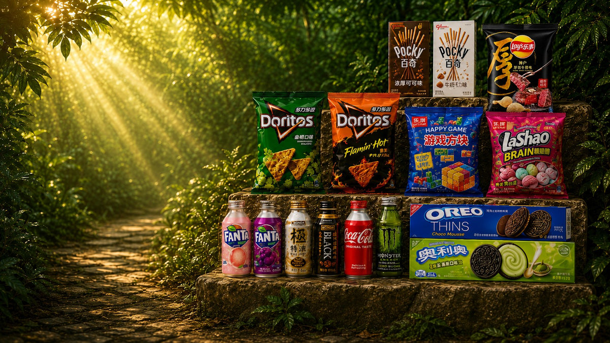 Imported snacks and drinks on a sunlit jungle display
